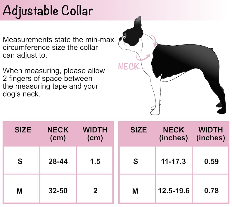May include: A chart showing the size guide for an adjustable dog collar in both inches and centimeters. The chart shows the neck size and width of the collar in both measurements. The chart is pink and white.