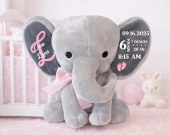 Gepersonaliseerde pasgeboren olifant, cadeau pasgeborene, eerste knuffeldier