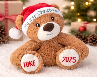 Gepersonaliseerde baby's teddybeer 1e kerst, kerstcadeau, cadeau pasgeborene, eerste kerstknuffel, kerstmis 2025