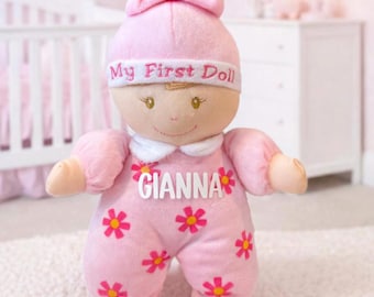 Mijn eerste pluche gepersonaliseerde babypop, cadeau pasgeboren, cadeau babymeisje, cadeau babyshower, babyshowercadeau, babypop rammelaar