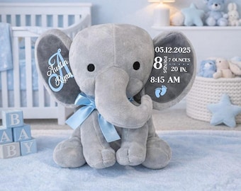 Gepersonaliseerde pasgeboren olifant, cadeau pasgeborene, eerste knuffeldier