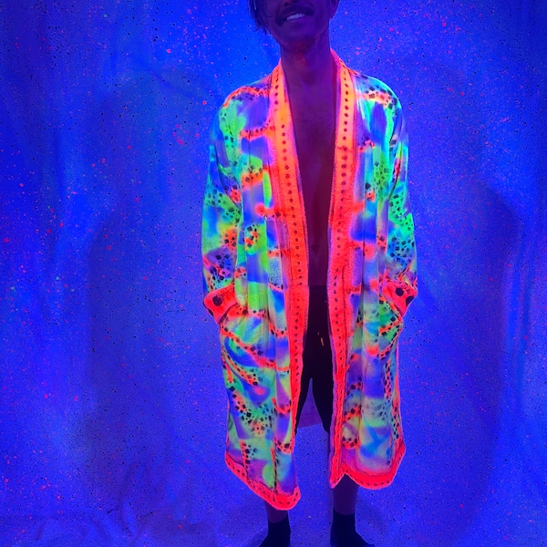 5d Rainbow Robe | One of a Kind Hand Painted Blacklight Reactive Wearable Art - High Vibe Streatwear, Festival & Rave Couture, Fur Coats