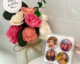 Personalized Wood Flowers AND Custom Glass Photo Magnet BUNDLE Mothers Day Birthday Gift Anniversary Mom Teacher Wedding Centerpiece Bouquet