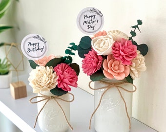 Personalized Wood Flower Arrangement Mason Jar Pink Peach Coral NO PLASTIC Birthday Anniversary Mothers Day Wedding Centerpiece Bouquet