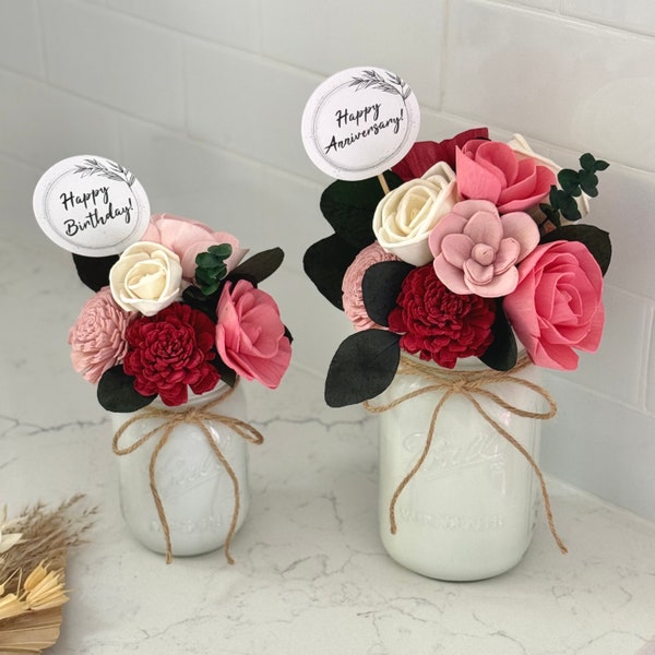 Personalized Wood Flower Arrangement Mason Jar Red Pink Ombre NO PLASTIC Birthday Gift Mothers Day Anniversary Teacher Wedding Bouquet