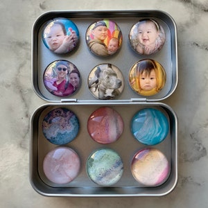 Personalized Photo + Moon Marble Glass Magnets 1" Custom Gift SET of 12 Gift FREE REUSABLE Tin Mothers Day Birthday Pet Baby Wedding Favor