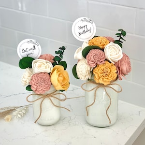 Wood Flower Arrangement Mason Jar Blush Pink Yellow Mustard Personalized NO PLASTIC Birthday Anniversary Wedding Bouquet Teacher Thank You