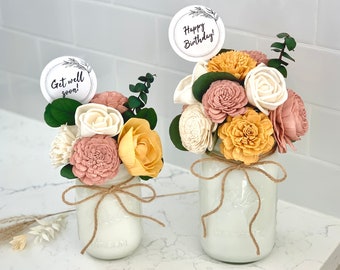 Wood Flower Arrangement Mason Jar Blush Mustard Natural Personalized NOPLASTIC Birthday Mothers Day Anniversary Wedding Bouquet Teacher