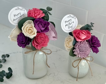 Personalized Wood Flower Arrangement Mason Jar Pink Lavender Purple NO PLASTIC Birthday Anniversary Mothers Day Wedding Centerpiece Bouquet