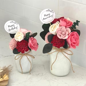 Wood Flower Arrangement: Red, Pink, White in Mason Jar with Eucalyptus Personalized NO PLASTIC