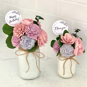 Wood Flower Arrangement: Indigo, Lavender, & Pink in Mason Jar with Eucalyptus Personalized NO PLASTIC