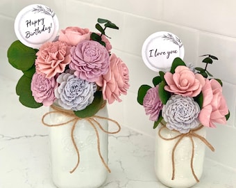 Wood Flower Arrangement: Indigo, Lavender, & Pink in Mason Jar with Eucalyptus Personalized NO PLASTIC