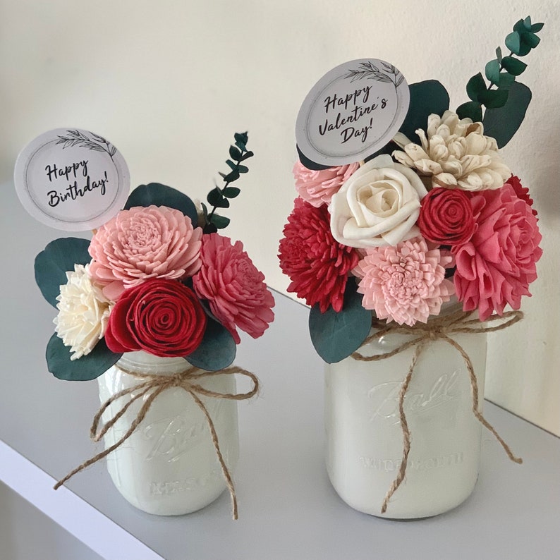 Personalized Wood Flower Arrangement Mason Jar Red Pink Ombre Etsy