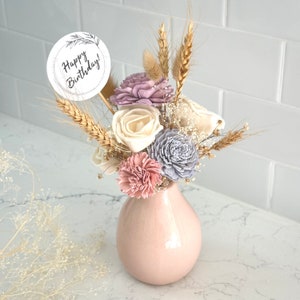 Personalized Wood Flower Arrangement: Pink Ceramic Vase, Dried Florals