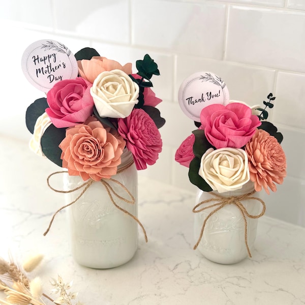 Wood Flower Arrangement: Pink & Coral in Mason Jar with Eucalyptus Personalized Centerpiece NO PLASTIC
