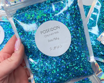 Chunky Glitter Mix | ‘Poseidon’ Blue Holographic | Solvent Resistant PET Glitter (2oz/56g)