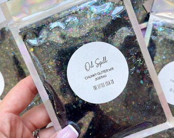 Chunky Glitter Mix | ‘Oil Spill’ | Black Iridescent | Solvent Resistant PET Glitter (2oz/56g)