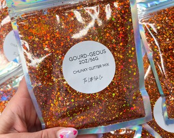 Chunky Glitter Mix | ‘Gourd-Geous’ Holographic Orange | Solvent Resitant High Sparkle PET Glitter, 2oz/56g