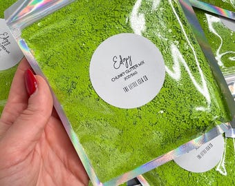 Green Chunky Glitter Mix | Glossy Bright Lime Grass Green | Solvent Resistant PET Glitter for Snowglobe tumblers 2oz/56g