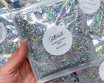 Chunky Holographic Silver Glitter Mix | Solvent Resistant PET Glitter for Snowglobe tumblers (2oz/56g)
