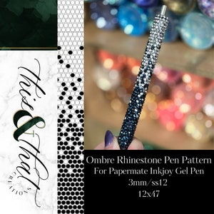 May include: Ombre rhinestone pen pattern for Papermate Inkjoy Gel Pen. The pattern is made with 3mm rhinestones in a gradient of blue and silver. The pattern is 12 rows by 47 columns.
