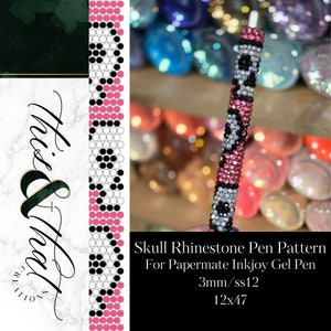 May include: A black and white skull pattern with pink accents for a rhinestone pen. The pattern is 12 by 47 beads and uses 3mm size 12 rhinestones. The text "Skull Rhinestone Pen Pattern for Papermate Inkjoy Gel Pen 3mm/ss12 12x47" is below the pattern.