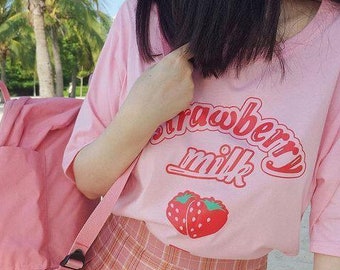 Strawberry Milk Tshirt Kawaii Shirt Tumblr Clothing Peach Milk Banana Milk Harajuku Clothing Kawaii Pink Anime Manga Milk Cartoon Aesthetic