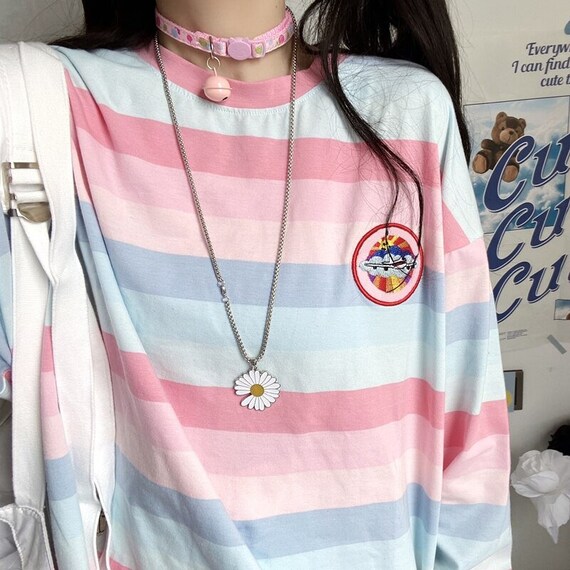 TEEN fashion Kawaii Cute Raining Printed Striped Patchwork Full T Shirt 