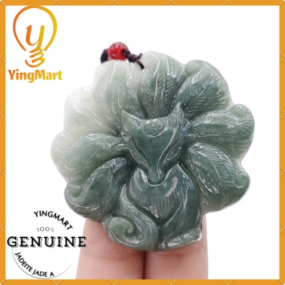 Hand Carved Jadeite Fox Pendant – Burmese Jade Nine-tailed Amulet