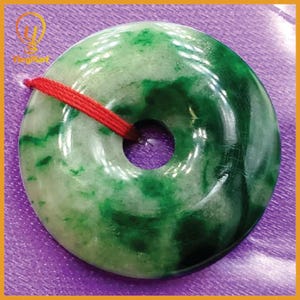 Yingmart Natural Green Jade Donut Pendant, Carved Wealth, Health, Protection Charm