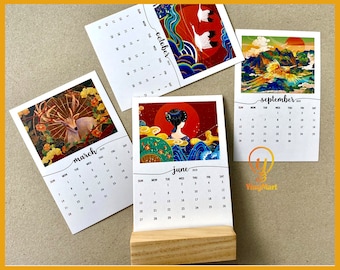 Yingmart 2022 Desk Calendar - Colorful Japanese-style Painting | Vertical calendar with Wood Stand | Office calendar | New year gift