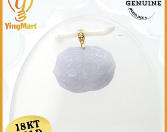 May include: A white jade pendant carved with intricate designs, suspended from a 18kt gold chain. The pendant is displayed on a white background.