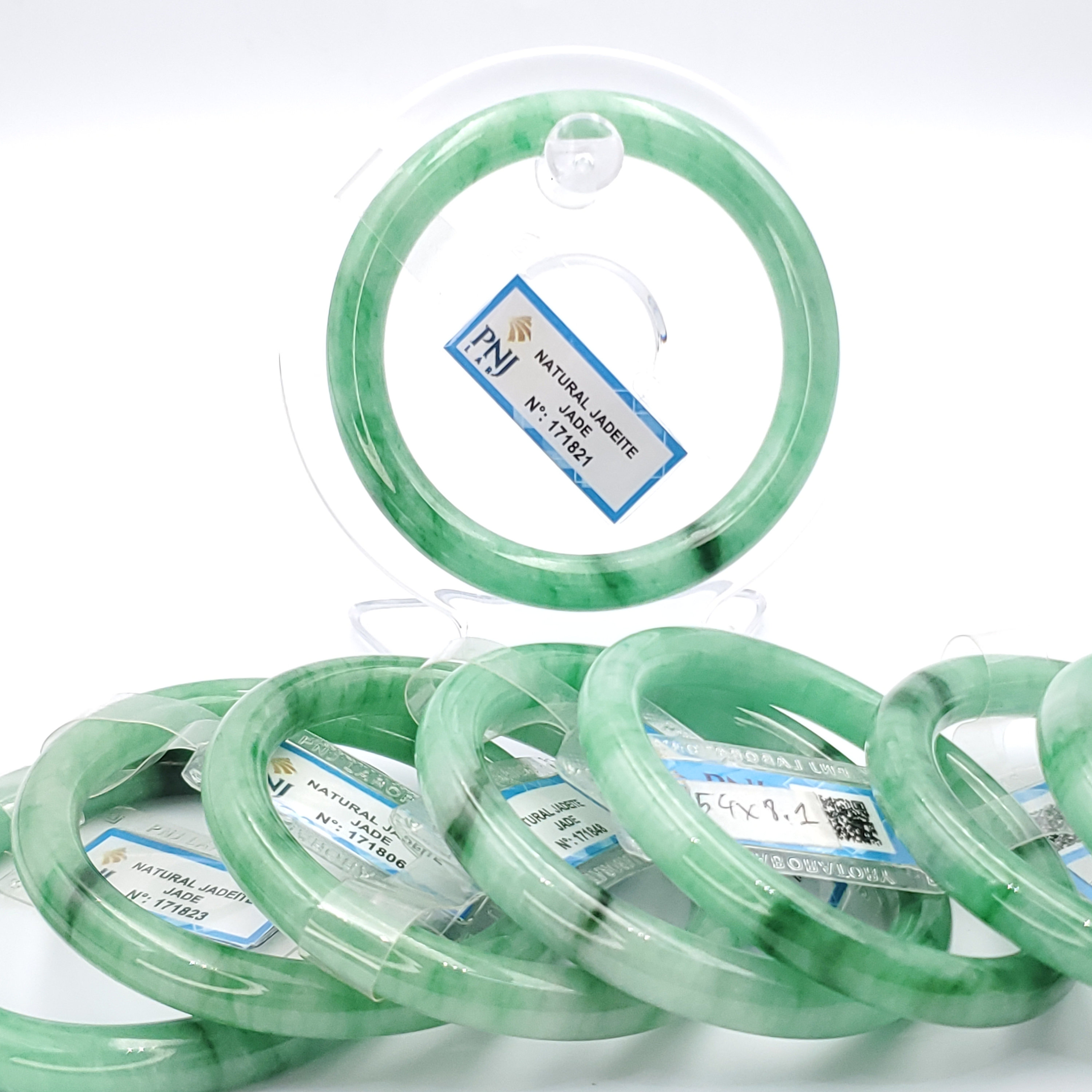 Certified 47-75mm PNJ Jade Bangle Bracelet, Natural Color Green