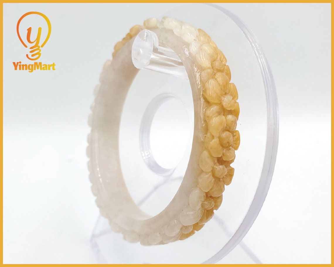 Yingmart 50.4 mm High quality Burma color white to yellow blossom flower carved semi-translucent Jadeite bangle jade, flower carved bracelet