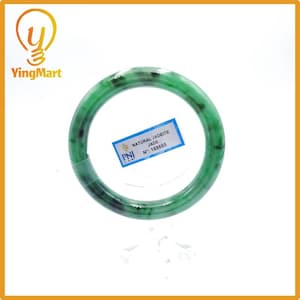May include: A round, green jadeite jade bracelet. The bracelet has dark green and black marbling. A small blue and white tag with the text "NATURAL JADEITE JADE" and the number "N: 169865" is attached to the bracelet.