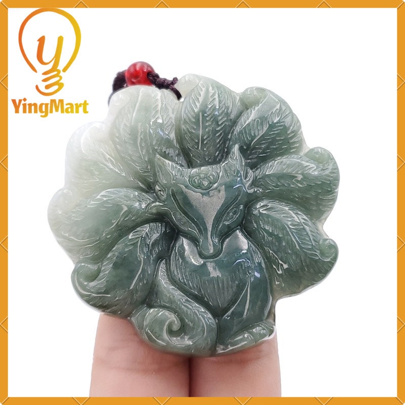 Hand Carved Jadeite Fox Pendant – Burmese Jade Nine-tailed Amulet
