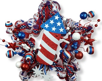 Patriotic Star with Rocket and Ball Picks, Home Decoration, Party Decor, Fourth of July Wreath