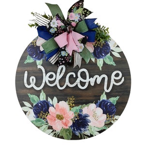 Welcome Wood Floral Door Hanger, Everyday Wreath, Home Decor