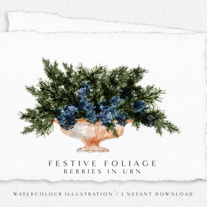 Festive Foliage, Watercolor, Urn with Juniper Berries, Christmas Illustration, Clipart, Botanical, Berries, Pine, Card, Instant Download