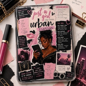 Può includere: Una custodia protettiva trasparente per tablet con un design a collage e il testo 'just a girl who loves urban fiction'. La grafica include un'illustrazione centrale di una persona che legge, ritagli di carta rosa e neri, elenchi e immagini urbane.