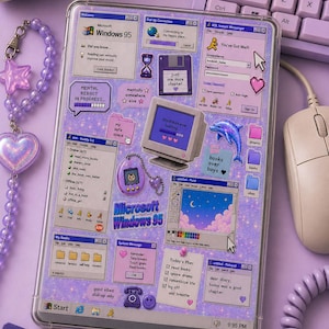 Puede incluir: Una funda para tableta con un collage de interfaz de escritorio de Windows 95 en tonos morados. El diseño incluye ventanas de computadora retro, un icono de disquete, un gráfico de delfín y textos como Microsoft Windows 95 y AIM.