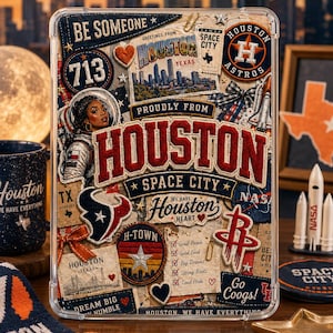 May include: Clear phone case with a collage design featuring Houston, Texas. The design includes the text "Houston Space City", "713", and "Go Coogs!" along with images of the Houston Astros logo, a rocket, and an astronaut.