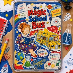 Könnte beinhalten: Eine transparente Tablet-Schutzhülle mit einer Collage zum Thema The Magic School Bus. Das Motiv zeigt eine Lehrkraft mit einem Buch, einen gelben Schulbus, einen Globus, ein Becherglas und den Text Take chances, make mistakes, get messy!