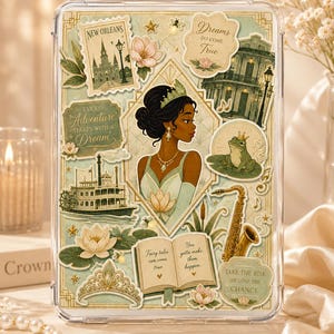 May include: Clear case with a collage of stickers featuring a princess illustration, a frog, a saxophone, and the text "New Orleans" and "Dreams do come true". The stickers are in shades of green, gold, and cream.