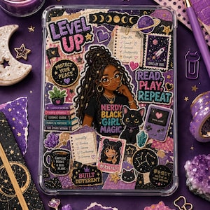 May include: A rectangular tablet case featuring a collage of purple and black stickers. The design includes a central illustration of a person with locs, a black cat, a handheld game console, books, and text including "LEVEL UP" and "NERDY BLACK GIRL MAGIC."