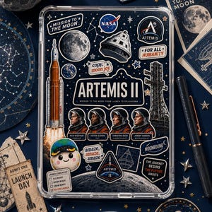 May include: A rectangular clear protective case featuring a dark blue space-themed collage. The design includes the text ARTEMIS II, NASA and Artemis logos, a rocket, a lunar module, four astronaut portraits, and a launch checklist graphic.