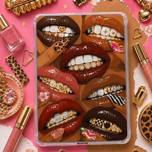 May include: A rectangular tablet case featuring a collage of glossy lips wearing various gold and silver grillz. The artwork displays diverse lip colors and intricate dental jewelry designs, including heart, star, and checkerboard patterns.