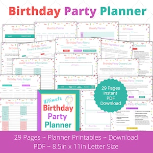 May include: A printable birthday party planner with 29 pages. The planner includes checklists, budget trackers, guest lists, and more. The planner is designed in a colorful style with confetti and balloons. The text on the cover reads "Ultimate Birthday Party Planner".