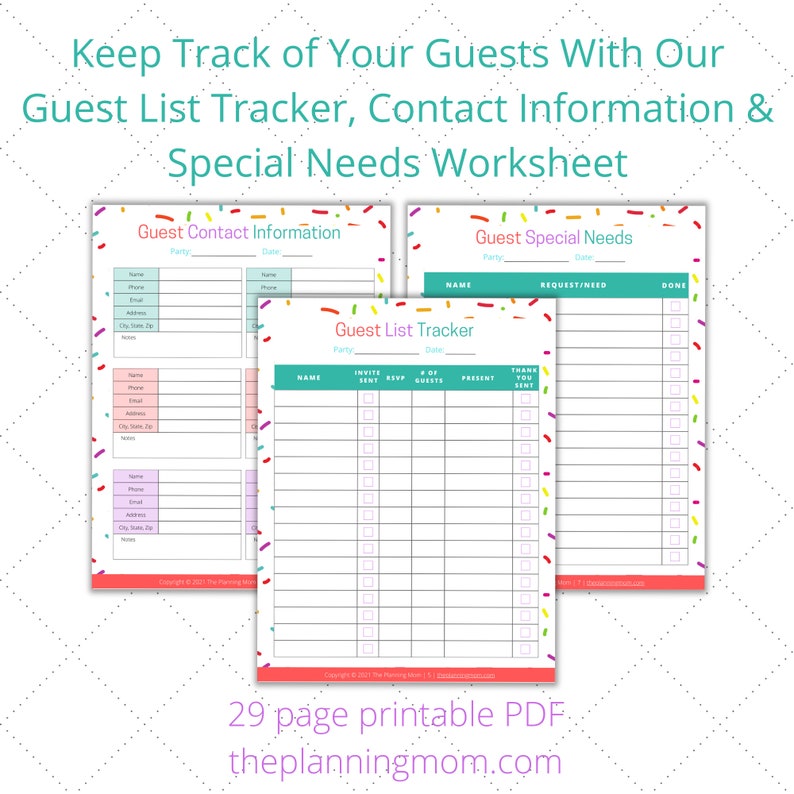 May include: Printable guest list tracker, contact information, and special needs worksheet. The worksheets are designed with a colorful confetti pattern and include sections for guest names, RSVP, and special needs requests.