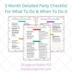 May include: A printable checklist for planning a birthday party. The checklist is divided into sections for 3 months, 2-3 weeks, 1-2 days, and the day of the party. Each section includes a list of tasks to complete, such as choosing a theme, sending invitations, and preparing food.
